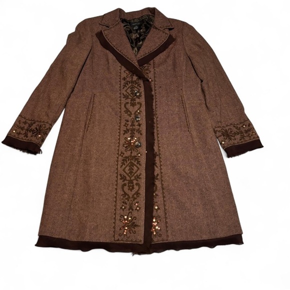 Y2K Focus 2000 Wool Blend Embroidered Long Coat Sz 16 Brown Boho Witchy Academia - Picture 4 of 6